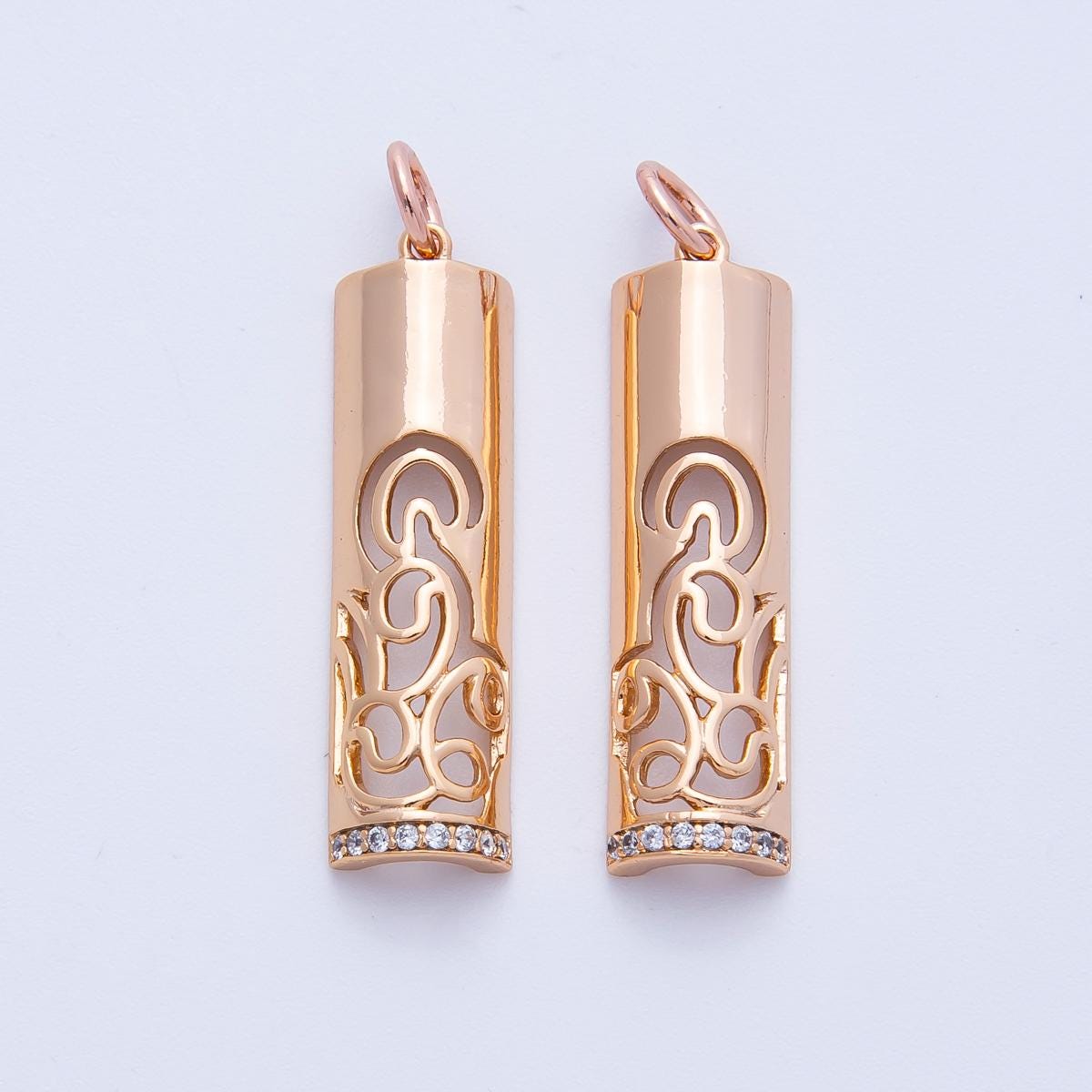Rose Gold Filigree Tube Pendant Intricate Ornate Half Cylinder Charm for Necklace and Earrings Bohemian Gift Her DIY Supply | CHARMS-00394