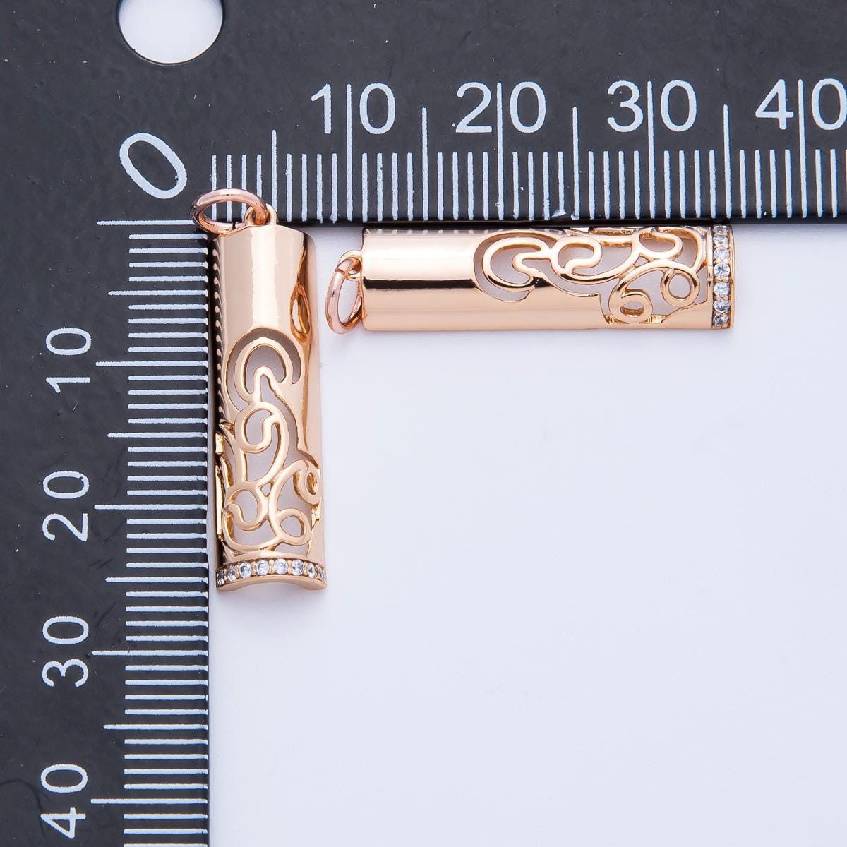 Rose Gold Filigree Tube Pendant Intricate Ornate Half Cylinder Charm for Necklace and Earrings Bohemian Gift Her DIY Supply | CHARMS-00394