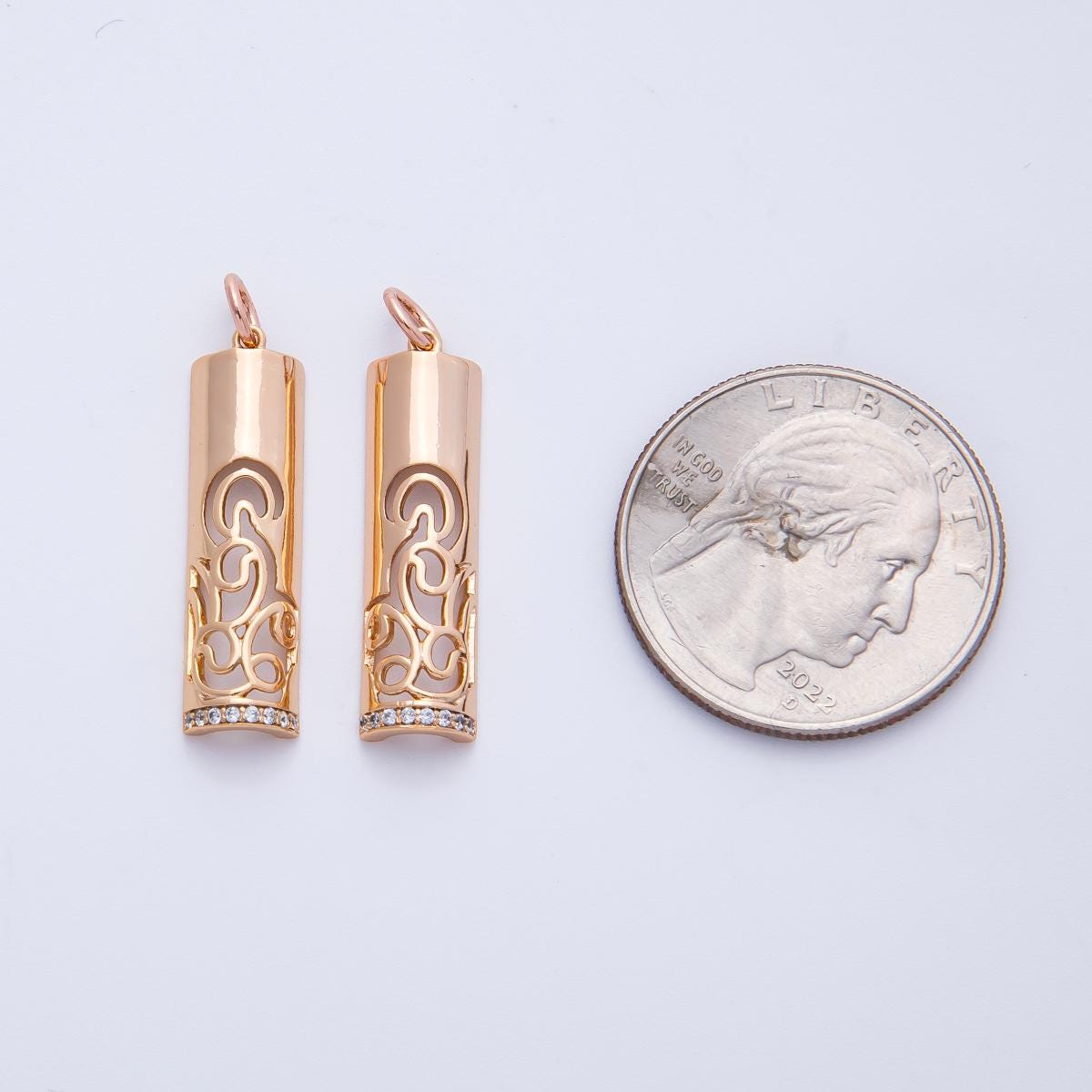 Rose Gold Filigree Tube Pendant Intricate Ornate Half Cylinder Charm for Necklace and Earrings Bohemian Gift Her DIY Supply | CHARMS-00394