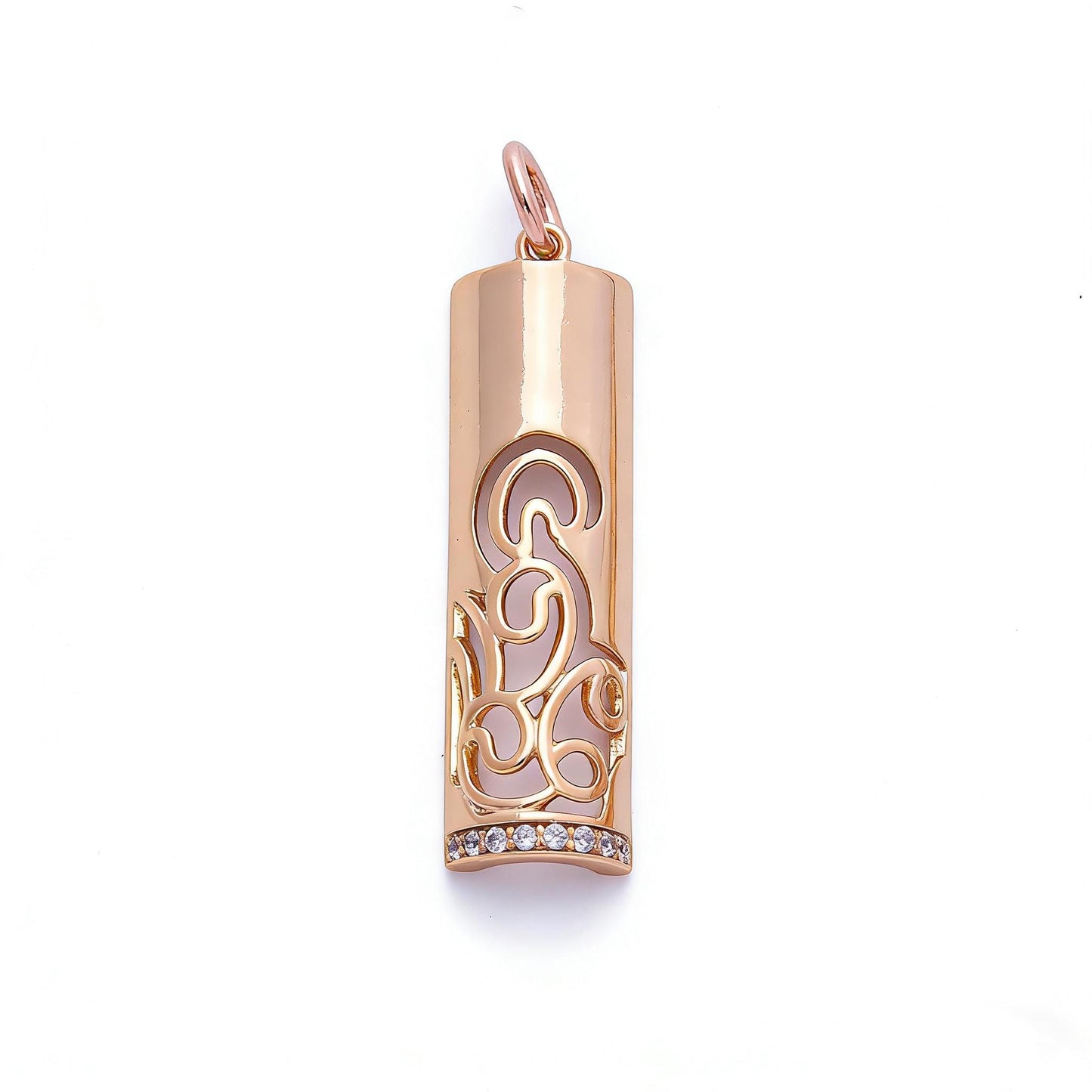 Rose Gold Filigree Tube Pendant Intricate Ornate Half Cylinder Charm for Necklace and Earrings Bohemian Gift Her DIY Supply | CHARMS-00394