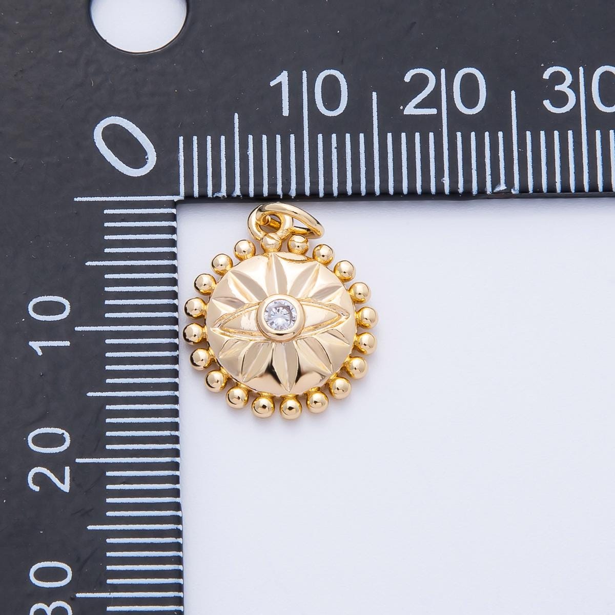 16k Gold Filled Sun Medallion Pendant Evil Eye Sunburst Charm 16.2mm for Necklace Beaded Edge Pendant Spiritual Jewelry Gift | CHARMS-00399