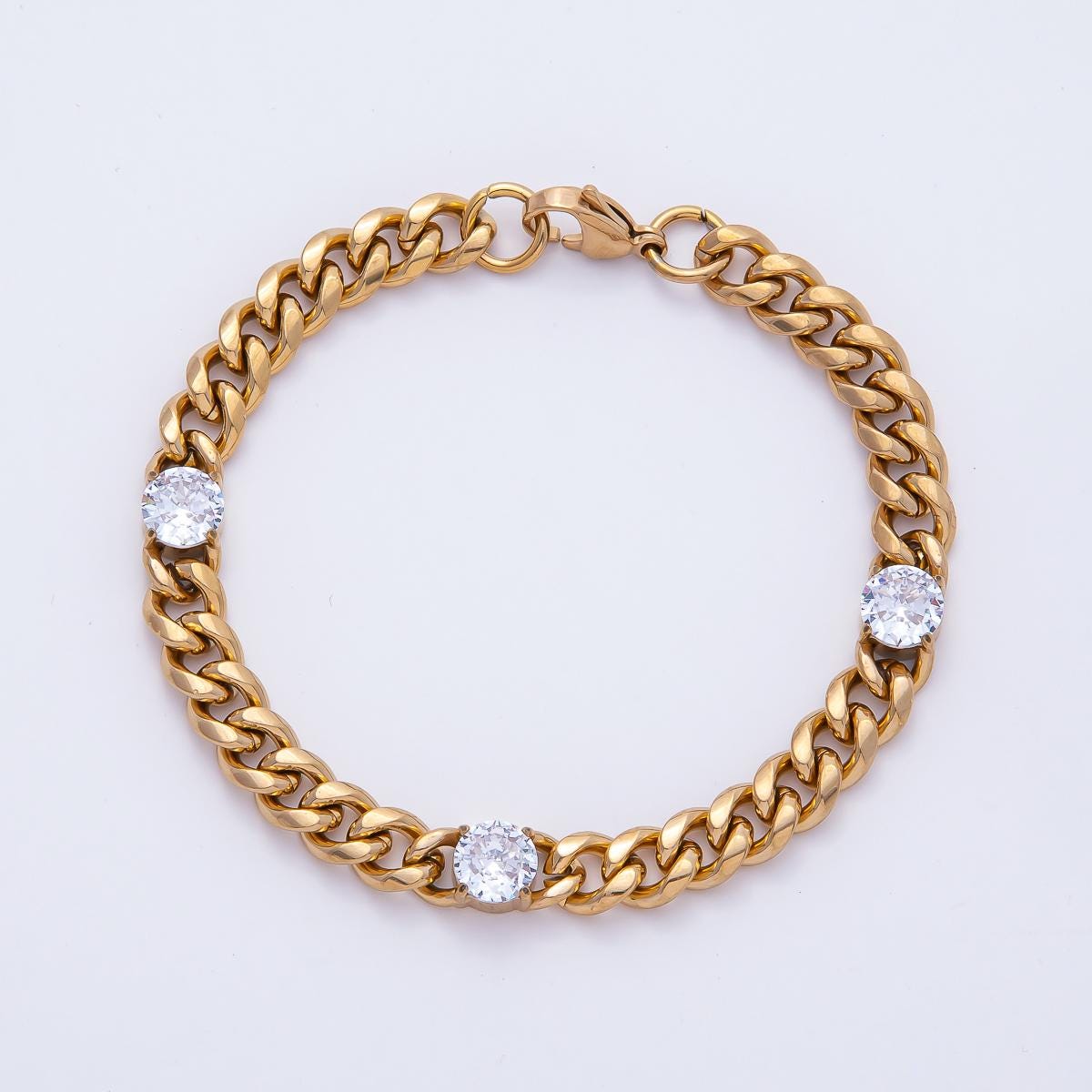 PVD Gold Stainless Steel Cuban Link Bracelet with 3 Crystal Stones Hip Hop Statement Chain Bracelet for Women Chunky Jewelry Gift WA-4036