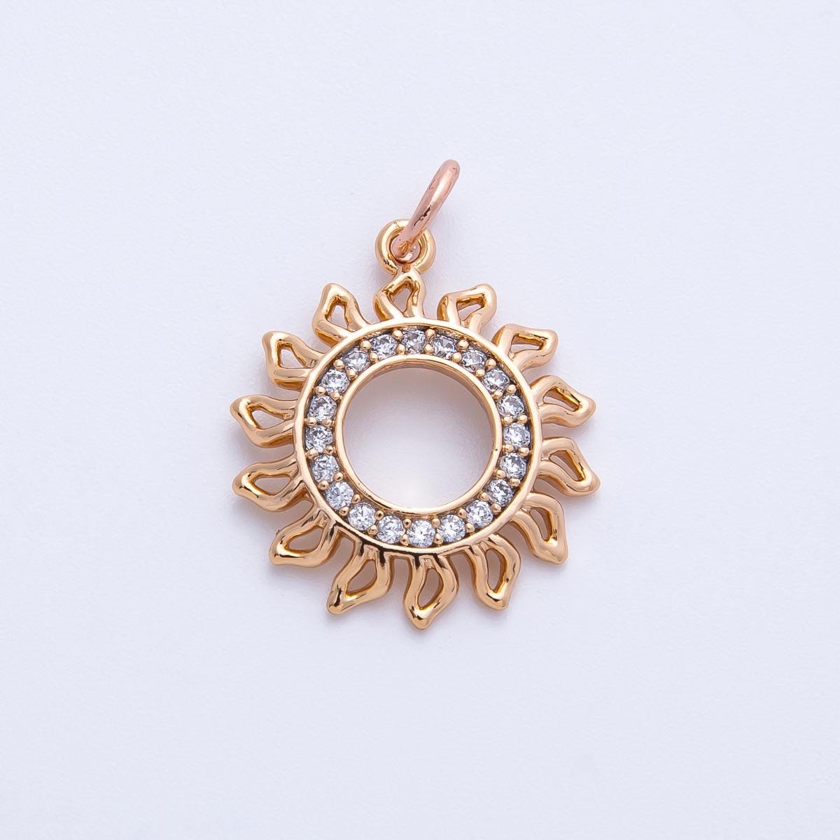 Rose Gold Open Circle Sunburst Charm 18.9mm Celestial Micro Pave CZ Medallion Sun Jewelry DIY Making Supply Custom Necklace | CHARMS-00401