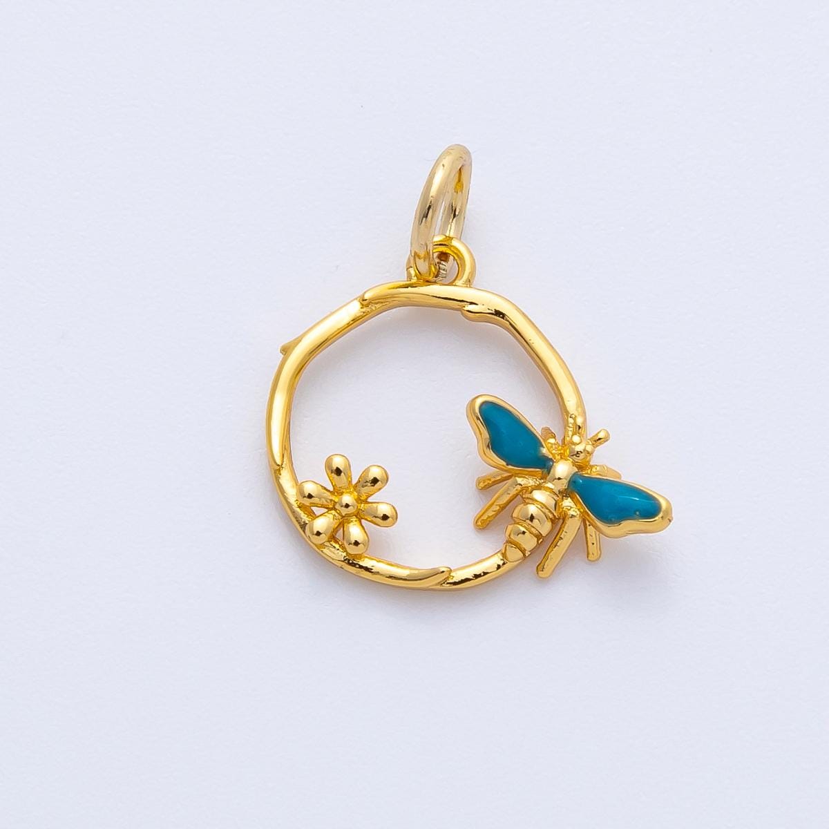 24k Gold Filled Blue Bee and Flower Pendant 13.1mm Open Circle Charm for Necklace Botanical Wreath Medallion Nature Inspired | CHARMS-00402