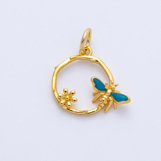 24k Gold Filled Blue Bee and Flower Pendant 13.1mm Open Circle Charm for Necklace Botanical Wreath Medallion Nature Inspired | CHARMS-00402
