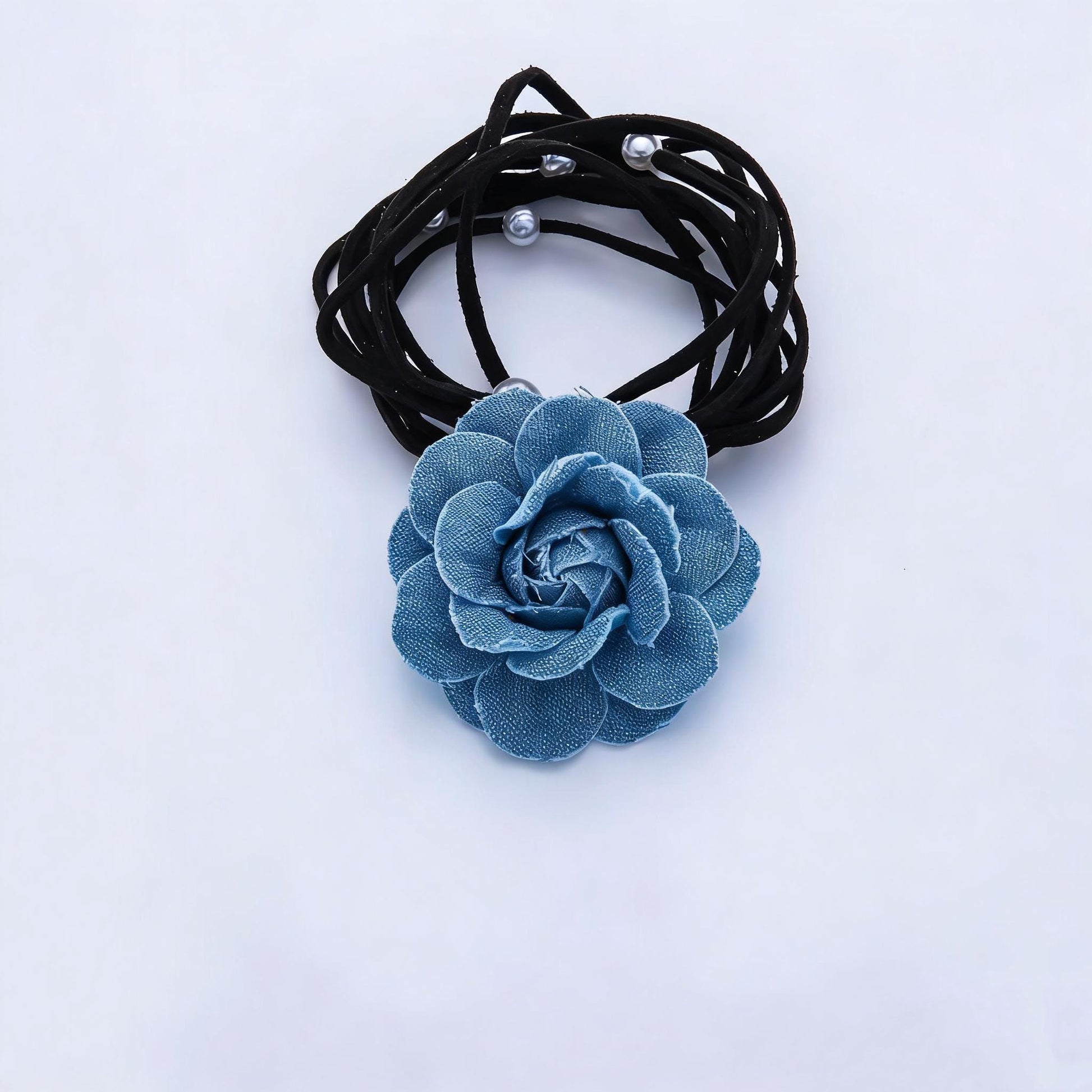 Denim Jeans Rose Flower Wrap Choker Necklace with Matching Earring Stud Wa-4189