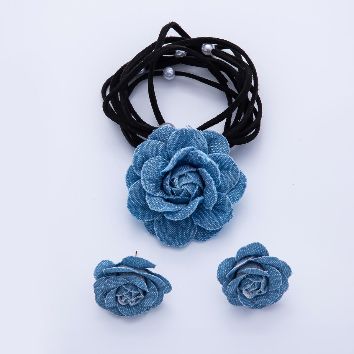 Denim Jeans Rose Flower Wrap Choker Necklace with Matching Earring Stud Wa-4189