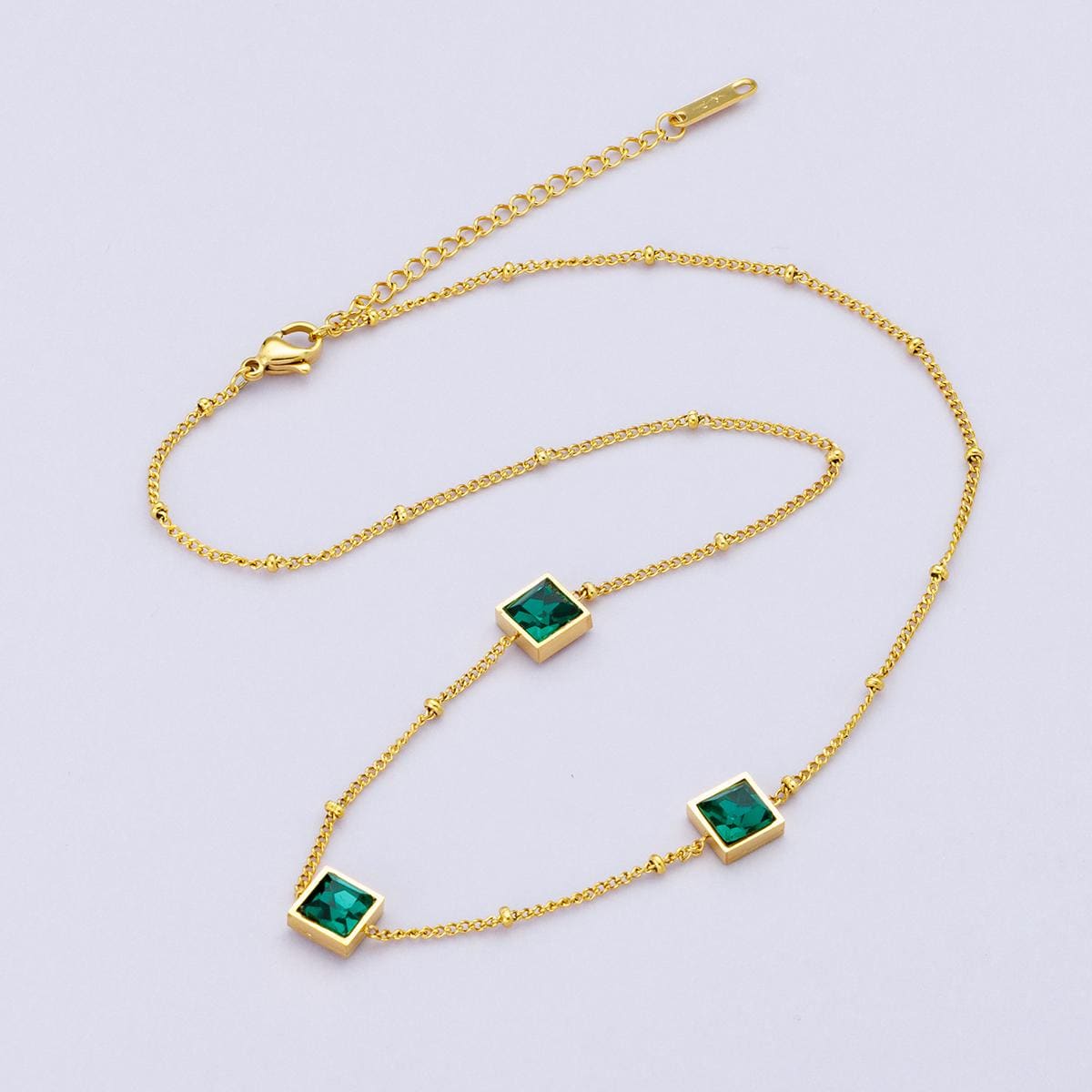 Dainty 24k gold filled satellite bead necklace with Green CZ 15.5 Inch Choker Necklace WA-4048
