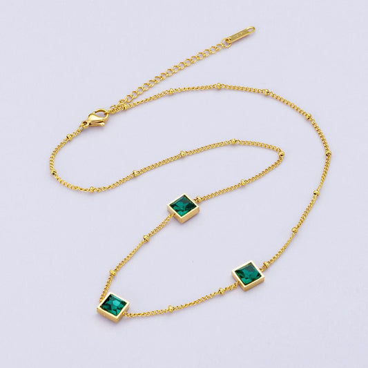 Dainty 24k gold filled satellite bead necklace with Green CZ 15.5 Inch Choker Necklace WA-4048
