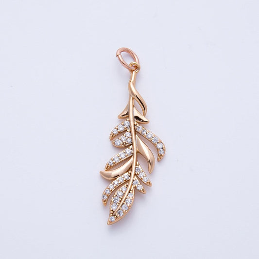 Rose Gold CZ Feather Charm 31.5mm Nature Inspired Leaf Charm Dainty Boho Jewelry for Her Unique Anniversary Gift for Wife | CHARMS-00405