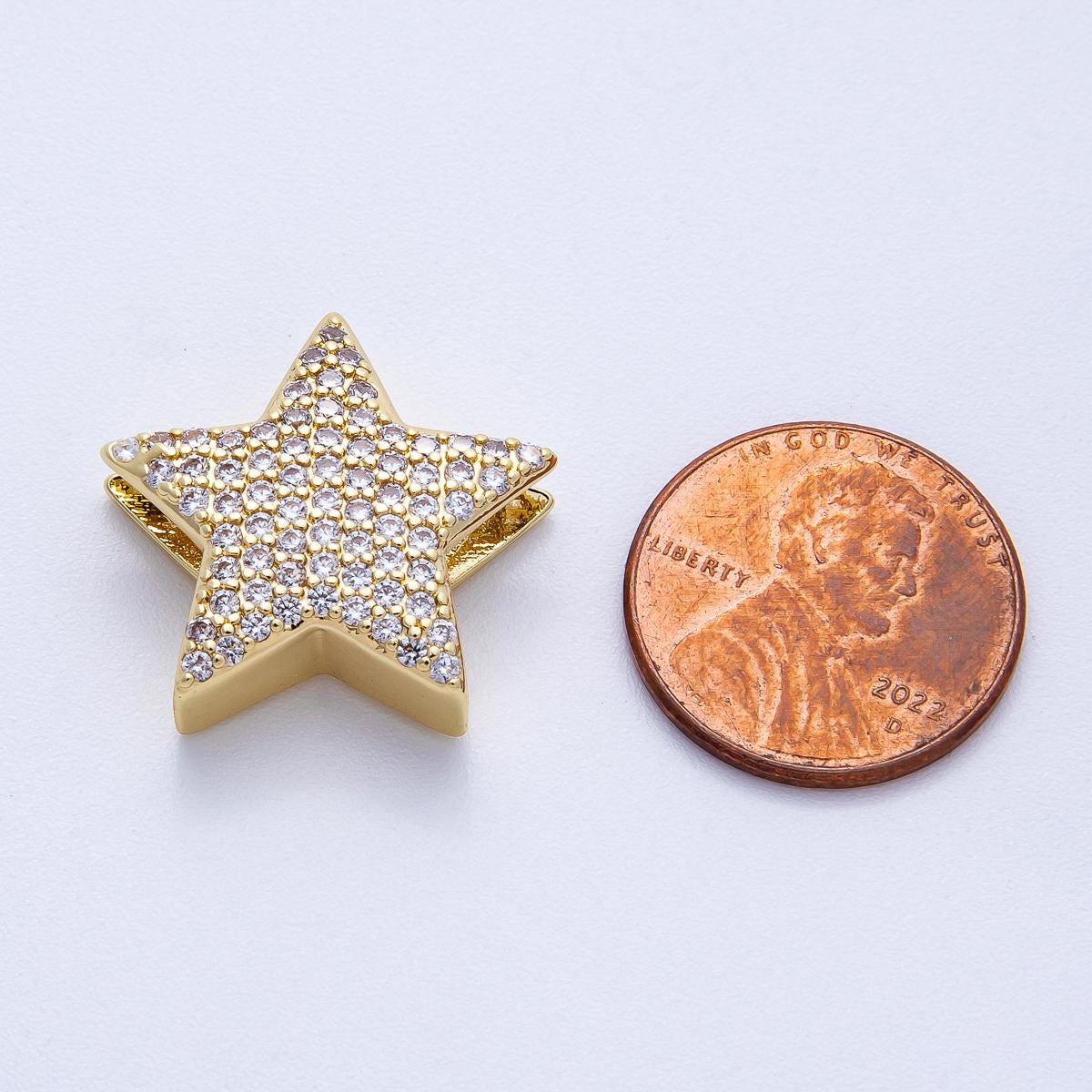 16K Gold Filled 21mm Micro Paved CZ Celestial Star Slide Bead Sparkling Puffy Slider for DIY Necklace & Bracelet Jewelry | Beads-00193