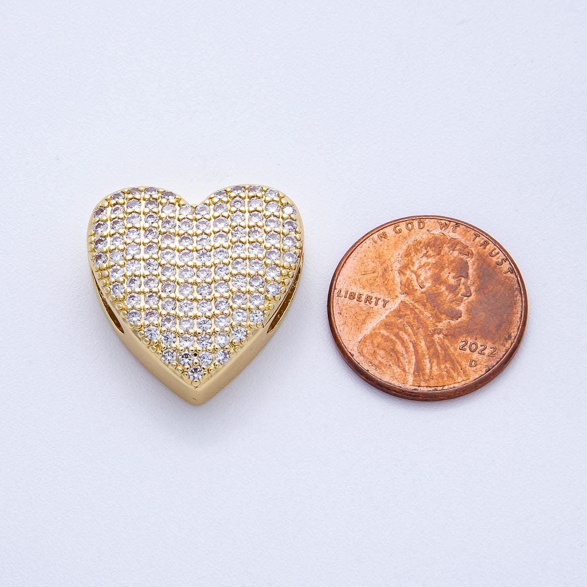 16K Gold Filled 21mm Micro Paved CZ Heart Slide Bead Puffy Sparkling Romantic Charms for DIY Necklaces & Bracelets | Beads-00194