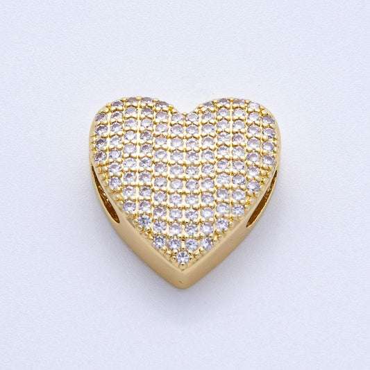 16K Gold Filled 21mm Micro Paved CZ Heart Slide Bead Puffy Sparkling Romantic Charms for DIY Necklaces & Bracelets | Beads-00194