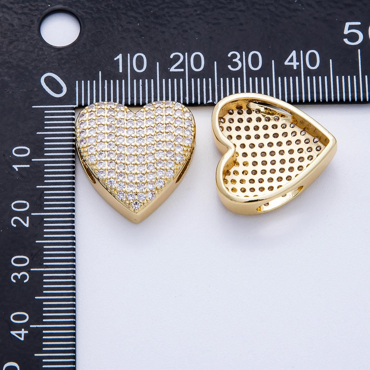16K Gold Filled 21mm Micro Paved CZ Heart Slide Bead Puffy Sparkling Romantic Charms for DIY Necklaces & Bracelets | Beads-00194