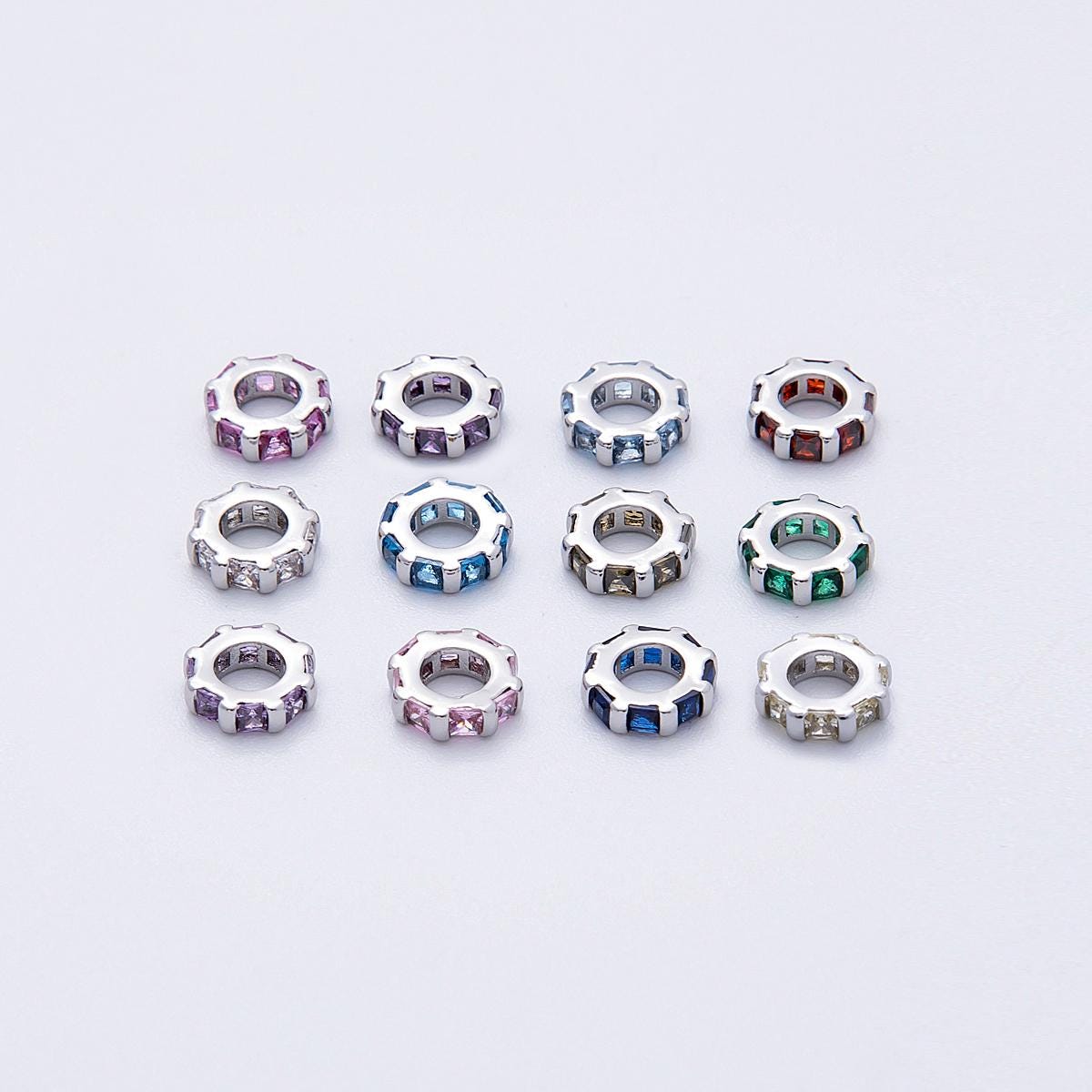 Rhodium plated 7.7mm multicolor birthstone CZ rondelle spacer beads DIY Jewelry Making Supply for custom bracelet necklace | BEADS-00140