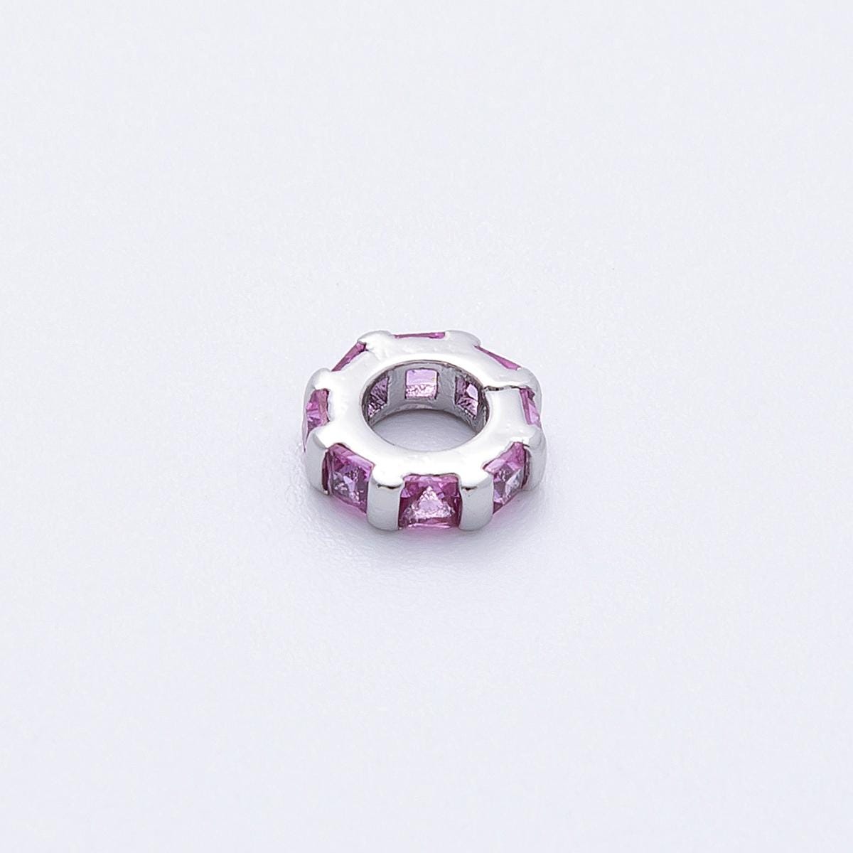 Rhodium plated 7.7mm multicolor birthstone CZ rondelle spacer beads DIY Jewelry Making Supply for custom bracelet necklace | BEADS-00140
