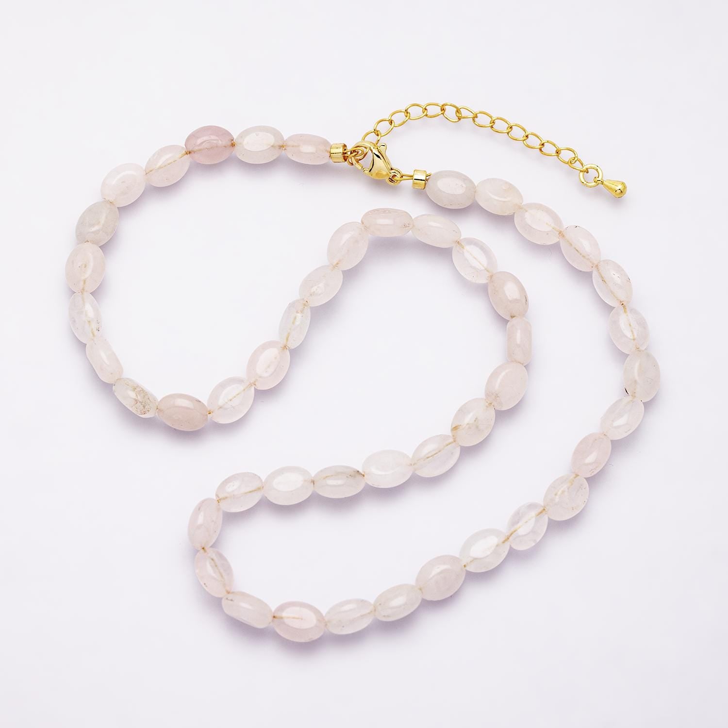Handcrafted 6.5mm Oval Rose Quartz Tumble Necklace Delicate Pink Crystal Beaded Jewelry Healing Stone Gift for Her Boho Gemstone | WA-04168