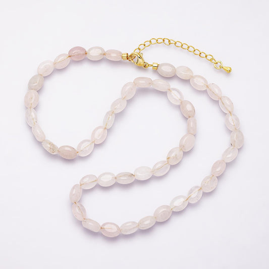 Handcrafted 6.5mm Oval Rose Quartz Tumble Necklace Delicate Pink Crystal Beaded Jewelry Healing Stone Gift for Her Boho Gemstone | WA-04168