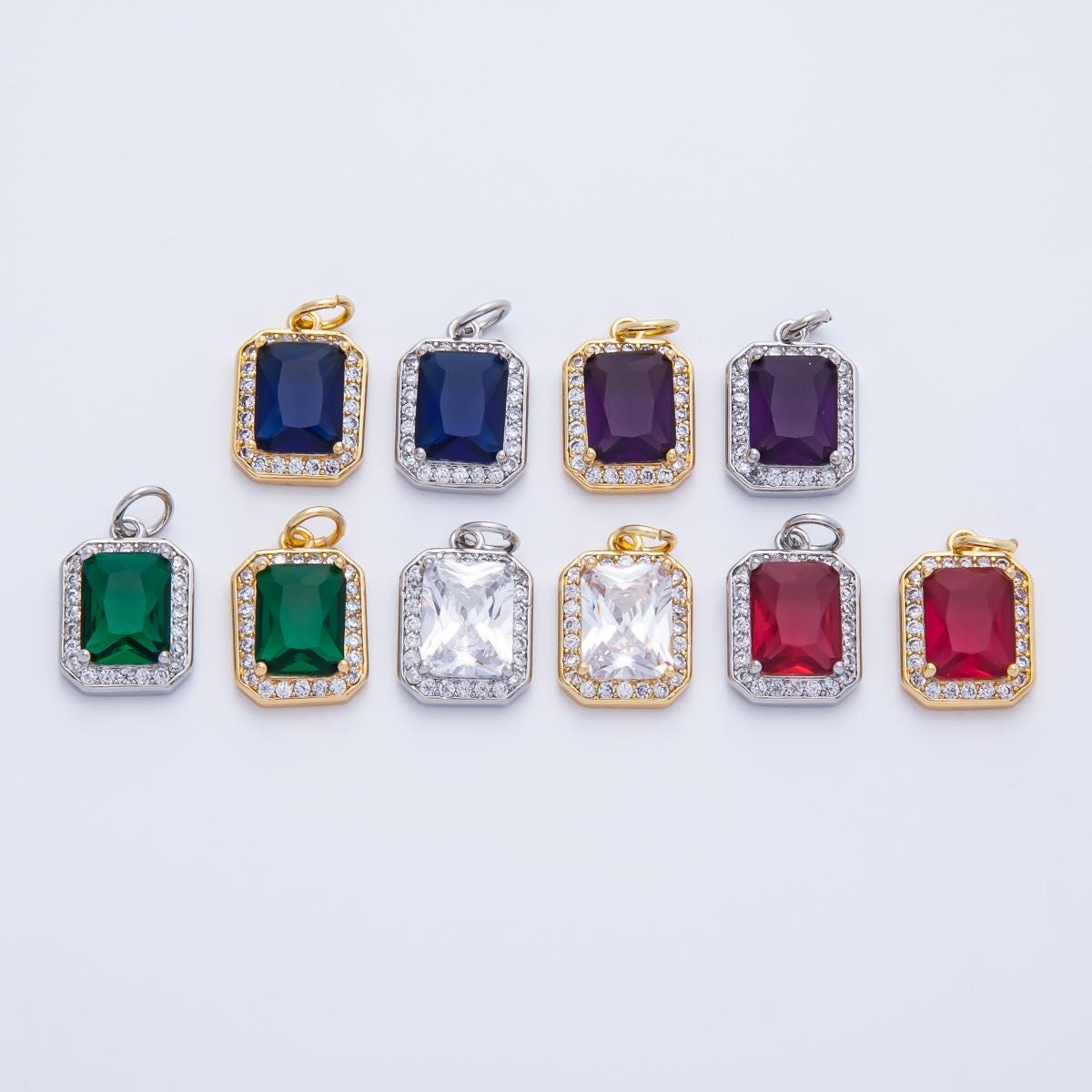 18k gold filled and silver 14.4mm emerald cut birthstone charm rectangular with micro pave CZ jewelry supply necklace | CHARMS-00279