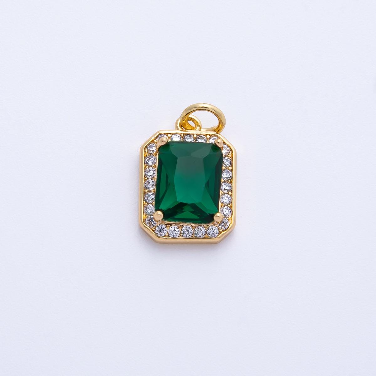18k gold filled and silver 14.4mm emerald cut birthstone charm rectangular with micro pave CZ jewelry supply necklace | CHARMS-00279