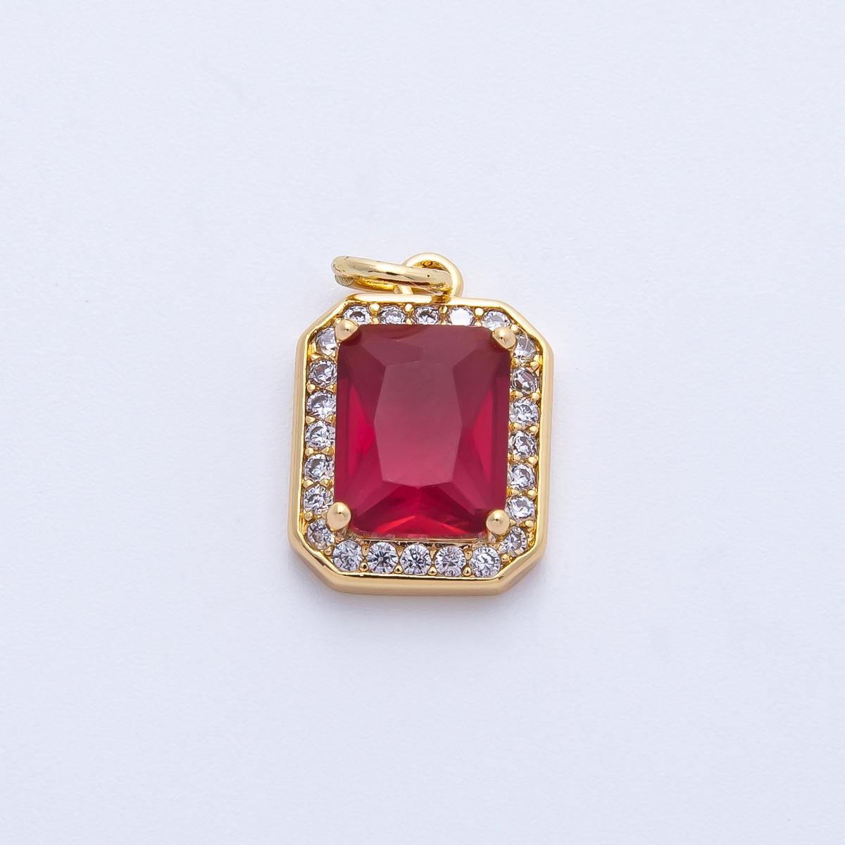 18k gold filled and silver 14.4mm emerald cut birthstone charm rectangular with micro pave CZ jewelry supply necklace | CHARMS-00279