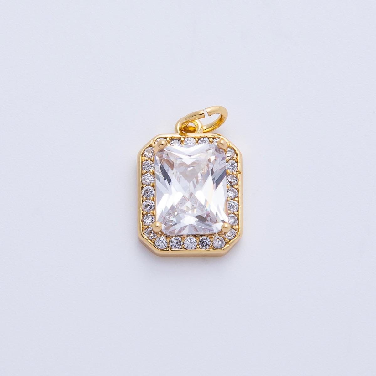 18k gold filled and silver 14.4mm emerald cut birthstone charm rectangular with micro pave CZ jewelry supply necklace | CHARMS-00279