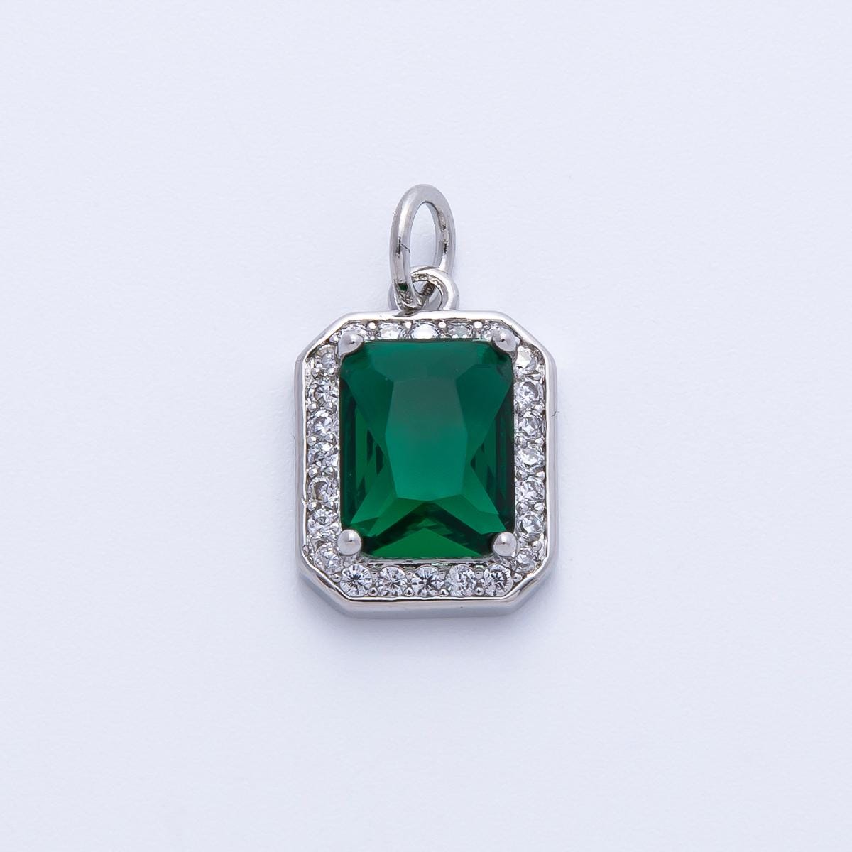 18k gold filled and silver 14.4mm emerald cut birthstone charm rectangular with micro pave CZ jewelry supply necklace | CHARMS-00279