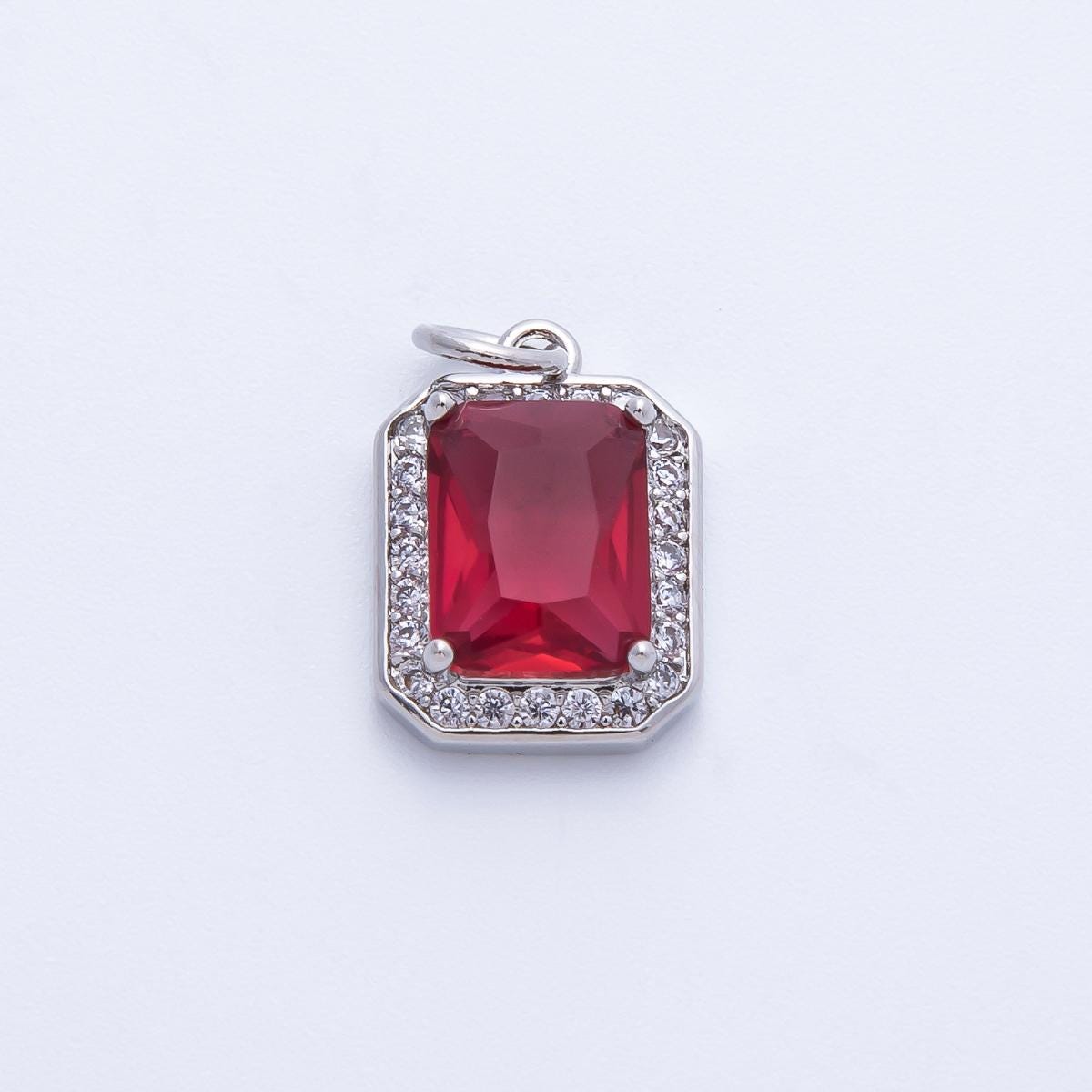 18k gold filled and silver 14.4mm emerald cut birthstone charm rectangular with micro pave CZ jewelry supply necklace | CHARMS-00279