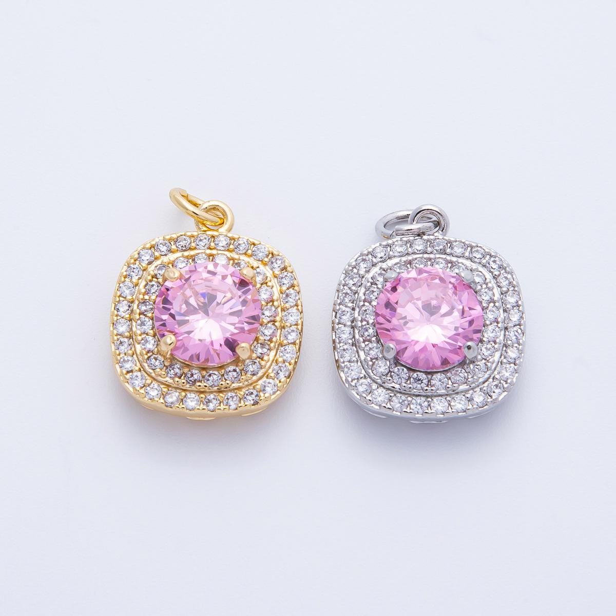 16k Gold Filled and White Gold 17mm Square Micro Paved Round Pink CZ Add On Charm Bridal & Luxury Jewelry Supplies Necklace | CHARMS-00291