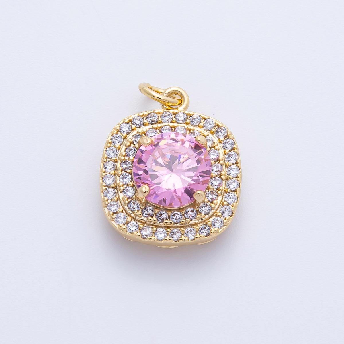 16k Gold Filled and White Gold 17mm Square Micro Paved Round Pink CZ Add On Charm Bridal & Luxury Jewelry Supplies Necklace | CHARMS-00291