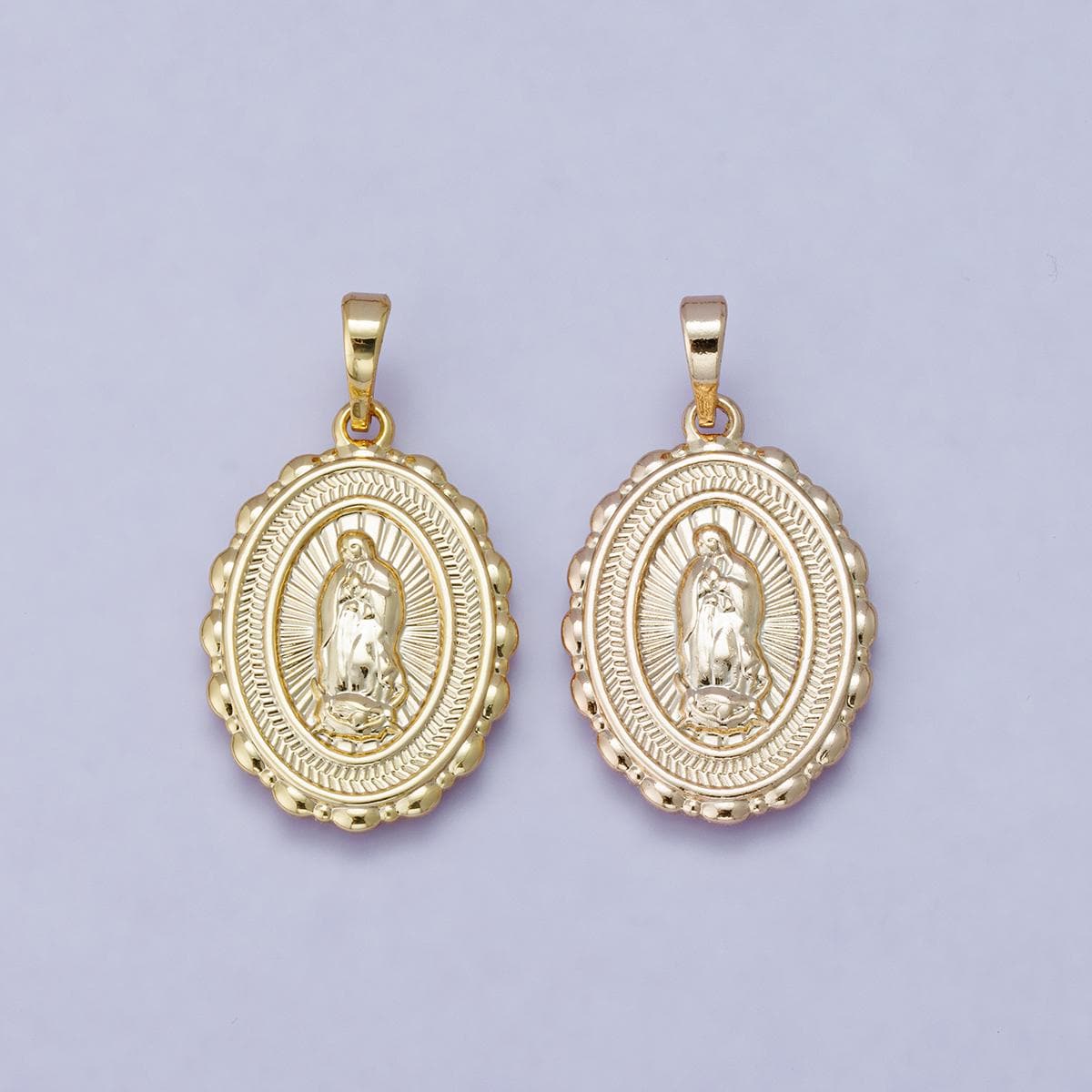 24k Gold Filled 25.8mm Virgin Mary Charm Our Lady of Guadalupe Oval Medallion Religious Jewelry Pendant Scalloped Edge Charm | H-00484