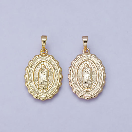 24k Gold Filled 25.8mm Virgin Mary Charm Our Lady of Guadalupe Oval Medallion Religious Jewelry Pendant Scalloped Edge Charm | H-00484