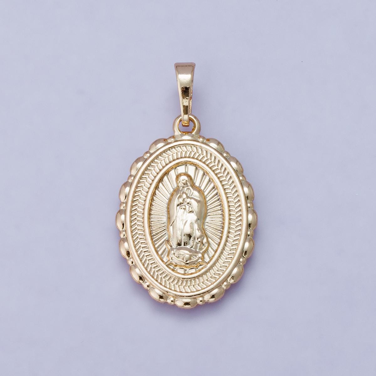 24k Gold Filled 25.8mm Virgin Mary Charm Our Lady of Guadalupe Oval Medallion Religious Jewelry Pendant Scalloped Edge Charm | H-00484