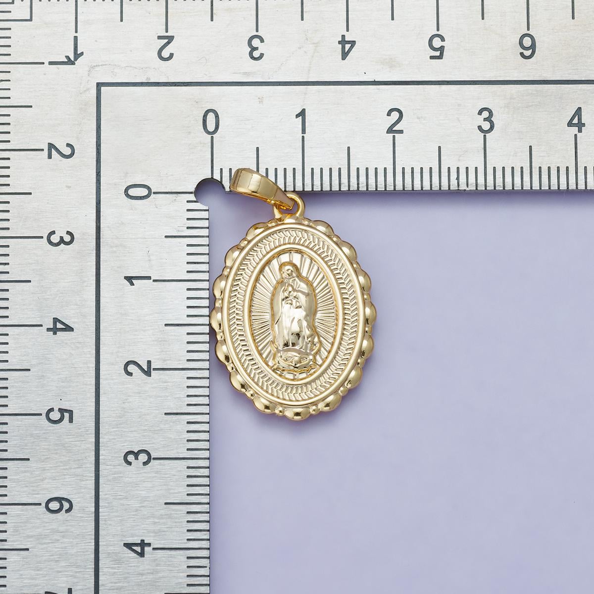 24k Gold Filled 25.8mm Virgin Mary Charm Our Lady of Guadalupe Oval Medallion Religious Jewelry Pendant Scalloped Edge Charm | H-00484