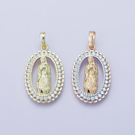24k Gold Filled 30.1mm Virgin Mary Pendant Our Lady of Guadalupe Two-Tone Religious Jewelry Charm Micro Pave CZ Edge Supply | H-00183