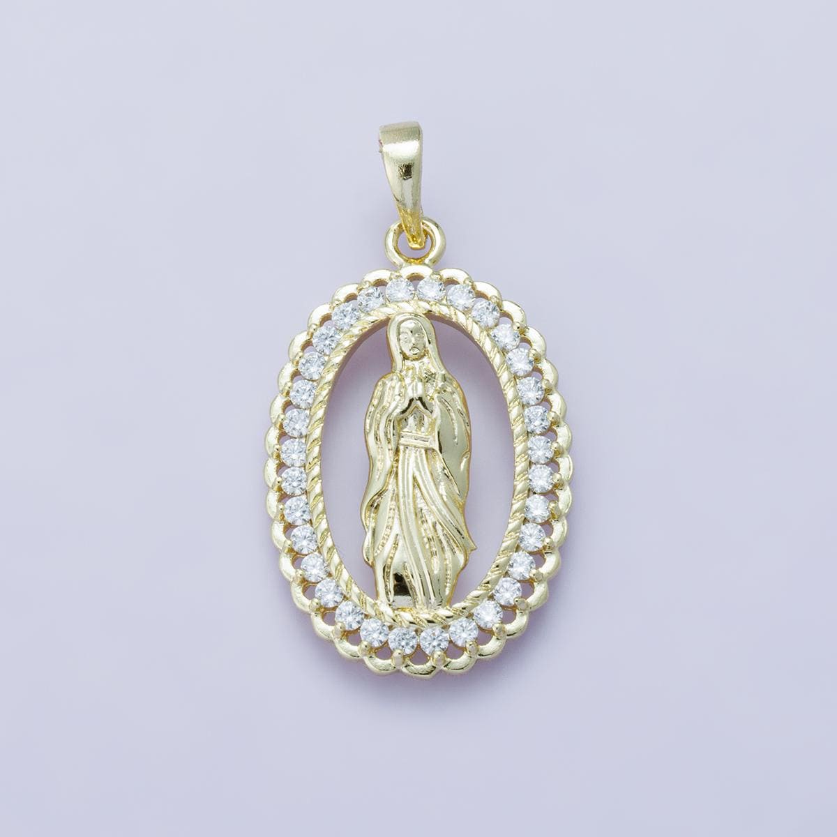 24k Gold Filled 30.1mm Virgin Mary Pendant Our Lady of Guadalupe Two-Tone Religious Jewelry Charm Micro Pave CZ Edge Supply | H-00183