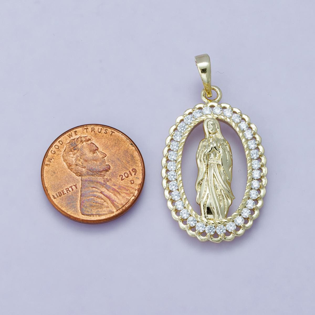 24k Gold Filled 30.1mm Virgin Mary Pendant Our Lady of Guadalupe Two-Tone Religious Jewelry Charm Micro Pave CZ Edge Supply | H-00183