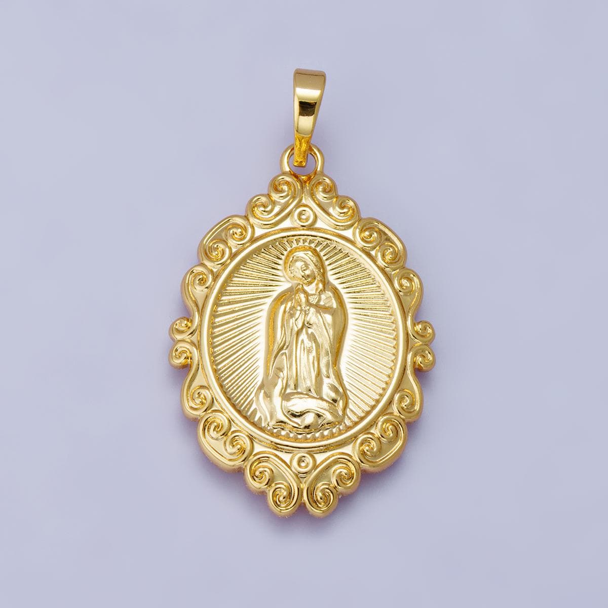 14k & 24k Gold Filled 31.4mm Virgin Mary Charm with Ornate Swirl Frame Our Lady of Guadalupe Oval Religious Jewelry Pendant | H-00278