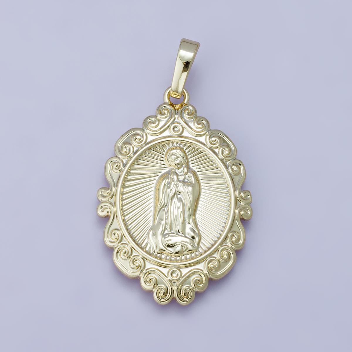 14k & 24k Gold Filled 31.4mm Virgin Mary Charm with Ornate Swirl Frame Our Lady of Guadalupe Oval Religious Jewelry Pendant | H-00278