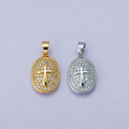 24k Gold Filled and Silver Oval Cross Pendant 21.5mm Sparkling Micro Pave CZ Religious Charm Faith Gift Spiritual Medallion | H-00096