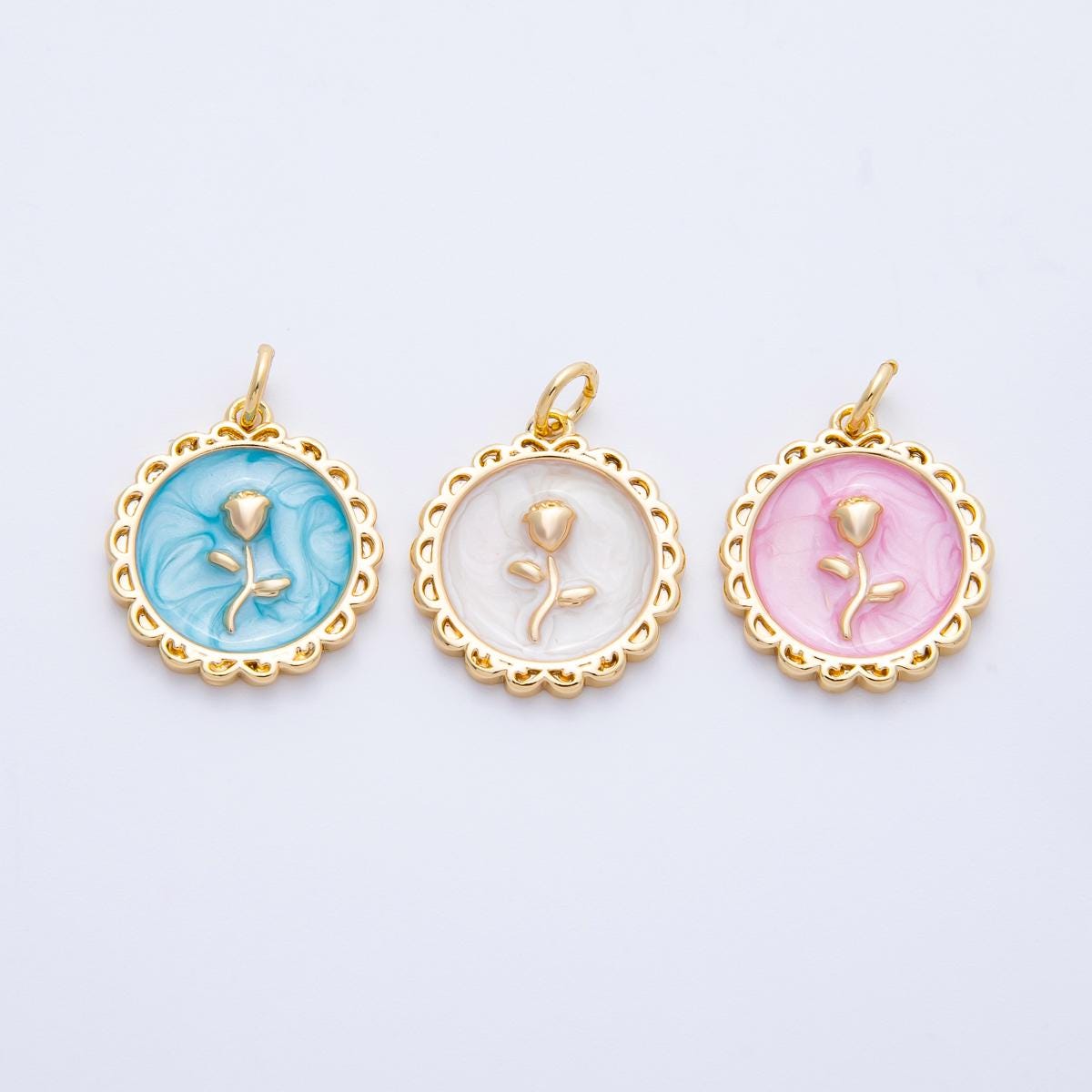18k Gold Filled Enamel Round Rose Charm Blue Pink White Floral Spring Pendant DIY Jewelry Making Supply Gift for Her | CHARMS-00314