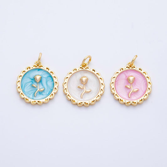 18k Gold Filled Enamel Round Rose Charm Blue Pink White Floral Spring Pendant DIY Jewelry Making Supply Gift for Her | CHARMS-00314
