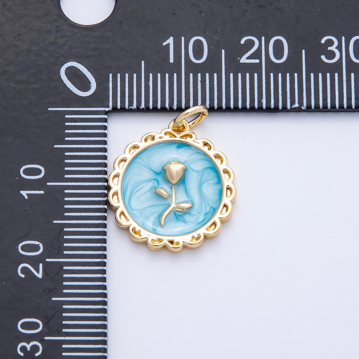 18k Gold Filled Enamel Round Rose Charm Blue Pink White Floral Spring Pendant DIY Jewelry Making Supply Gift for Her | CHARMS-00314