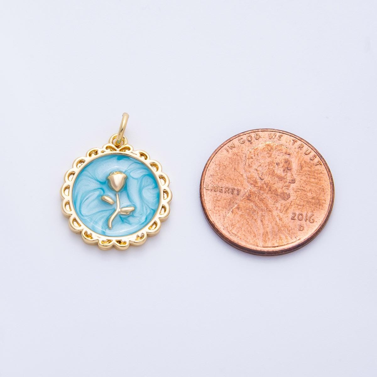 18k Gold Filled Enamel Round Rose Charm Blue Pink White Floral Spring Pendant DIY Jewelry Making Supply Gift for Her | CHARMS-00314