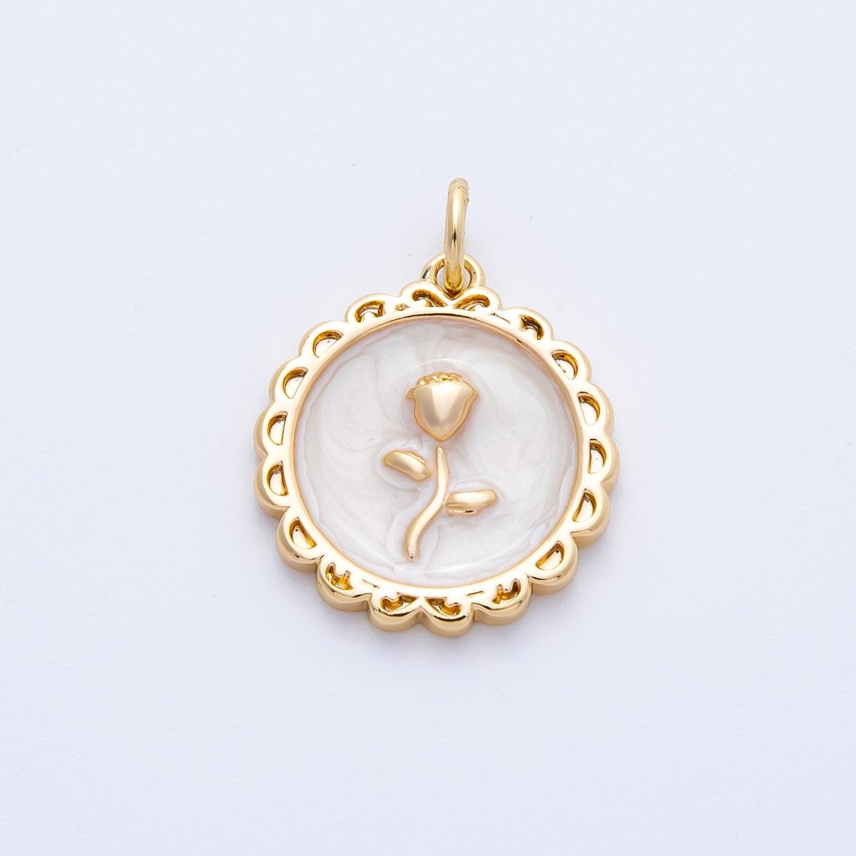 18k Gold Filled Enamel Round Rose Charm Blue Pink White Floral Spring Pendant DIY Jewelry Making Supply Gift for Her | CHARMS-00314