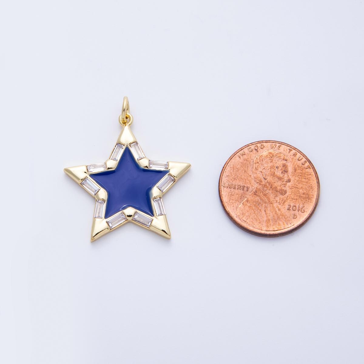 16k Gold Filled 25.4mm Dainty Blue Enamel Star Charm Baguette CZ Celestial Pendant Modern Gift Necklace Bracelet Component | CHARMS-00325