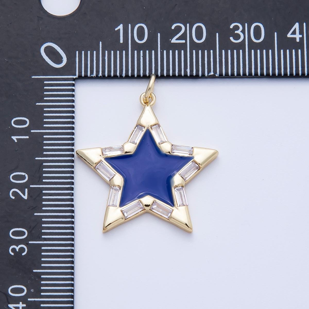 16k Gold Filled 25.4mm Dainty Blue Enamel Star Charm Baguette CZ Celestial Pendant Modern Gift Necklace Bracelet Component | CHARMS-00325