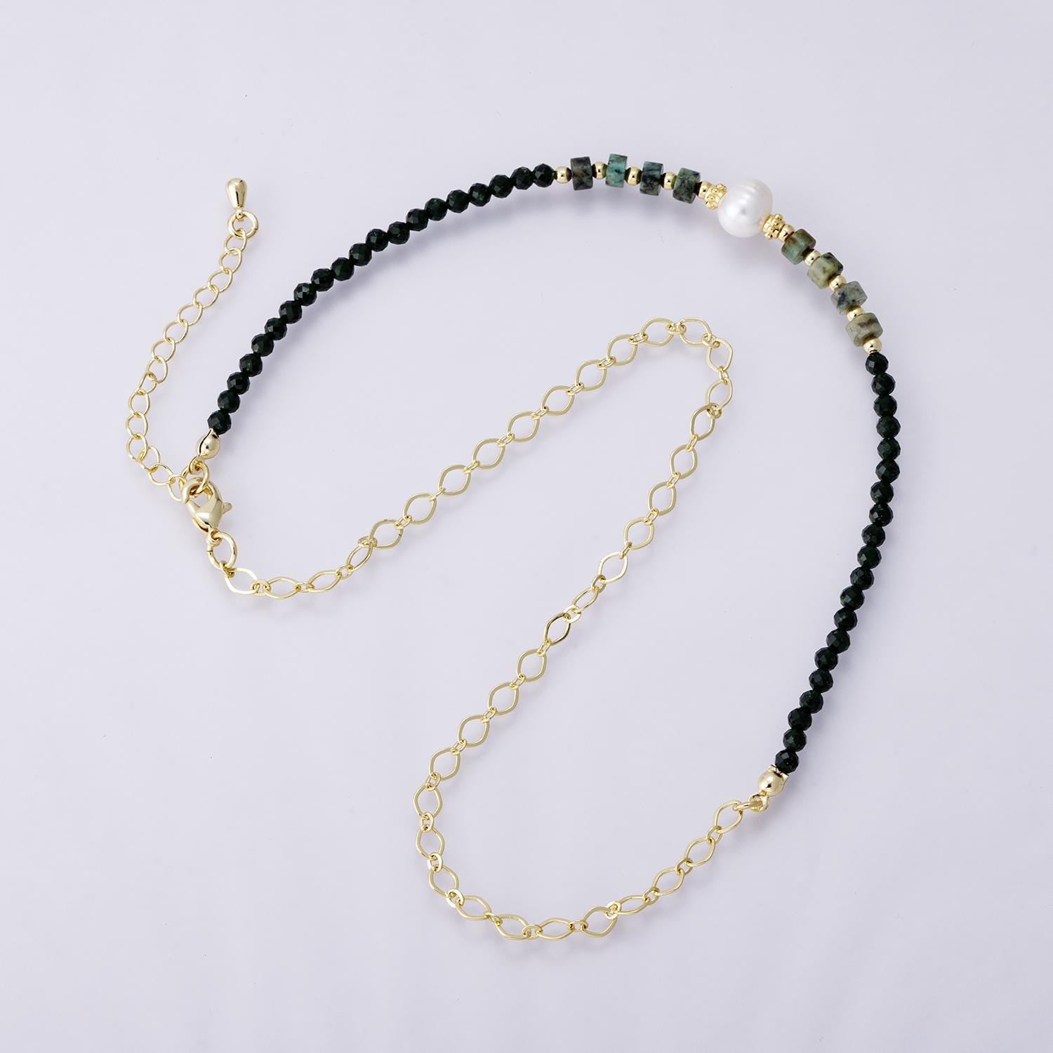Handmade 24K Gold Filled Shell Pearl Malachite Green Gemstone half and half chain 16.5 inch with 2 inch extender jewelry gift | WA-04174