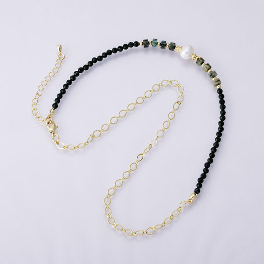 Handmade 24K Gold Filled Shell Pearl Malachite Green Gemstone half and half chain 16.5 inch with 2 inch extender jewelry gift | WA-04174