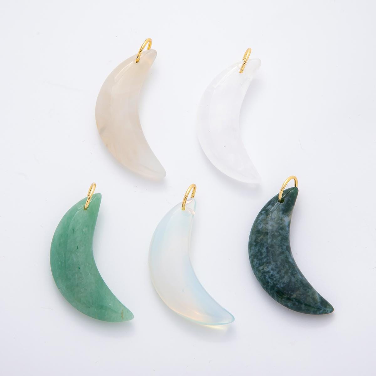 18k gold filled Crescent Moon Green aventurine, Agate, Opal, Quartz charm Big Celestial Pendant Charm | N-412